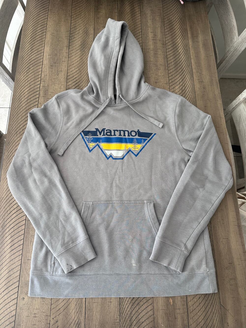 Marmot Hoodie Mens Medium Gray Mountain Logo Pullover Sweatshirt Casual